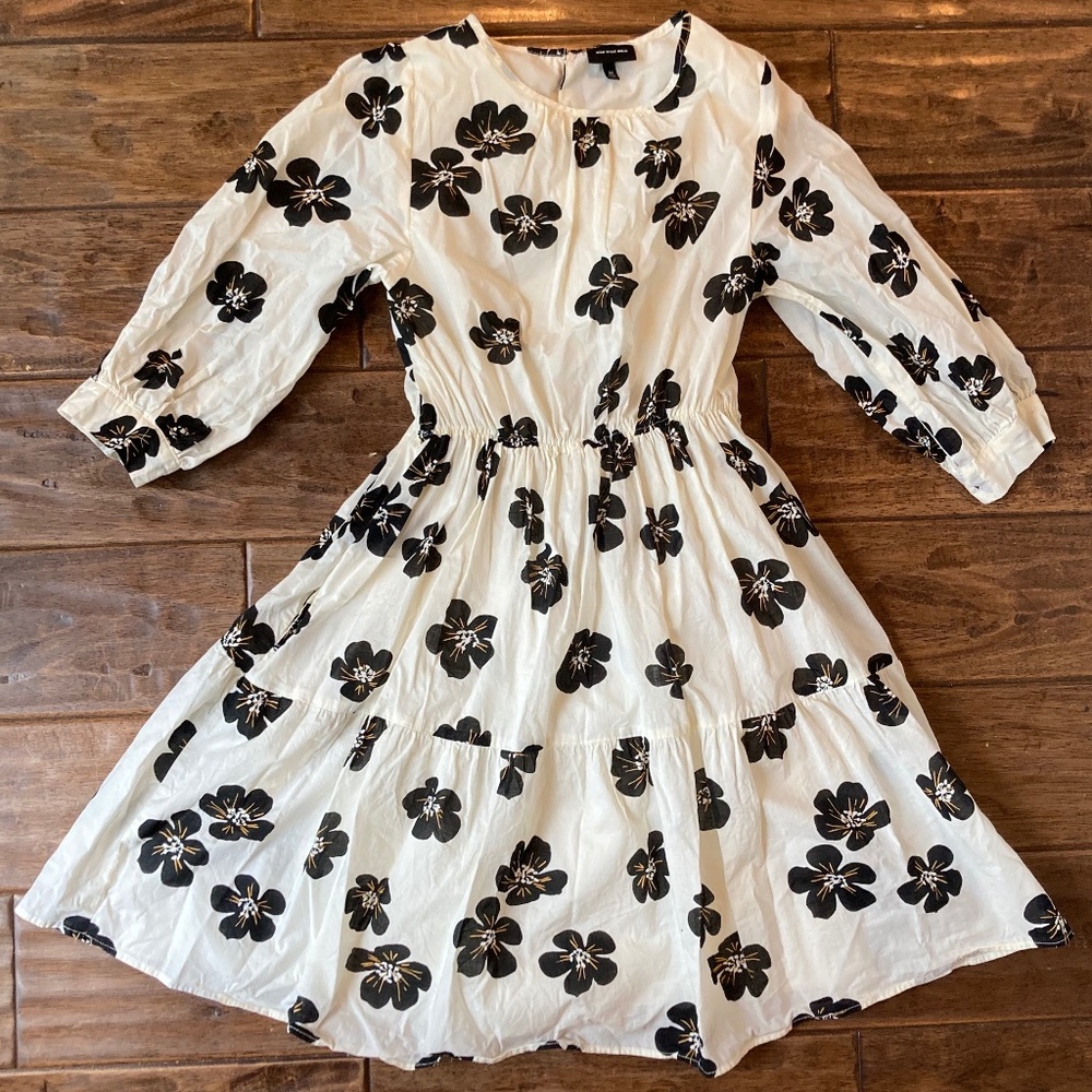 WHO WHAT WEAR Floral Cream Black Dress Medium Spring Tiered Tent Long Sleeve